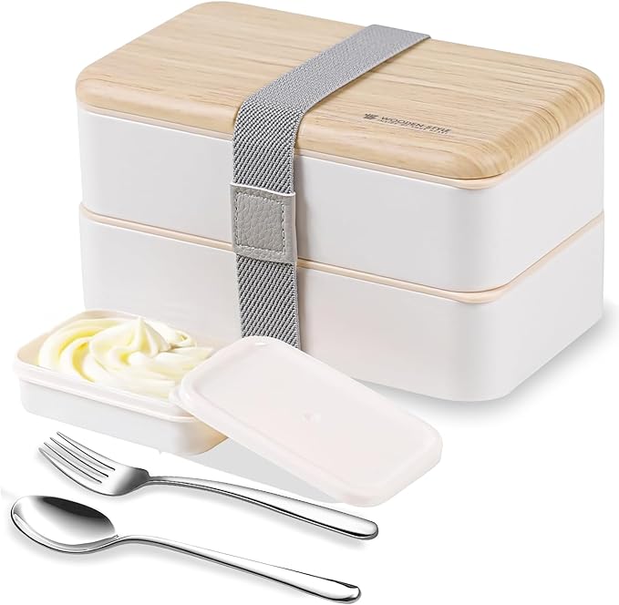 Original Bento Box Lunch Box Japanese Style 2 Layer Food Containers with Utensils Spoon and Fork Bundle Divider Salad Box for Men Women(White)