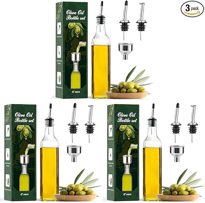 AOZITA Glass Oil Dispenser Bottle, 500ml | Pack of 3 | Includes Pourers and Funnel | Clear Design | For Kitchen