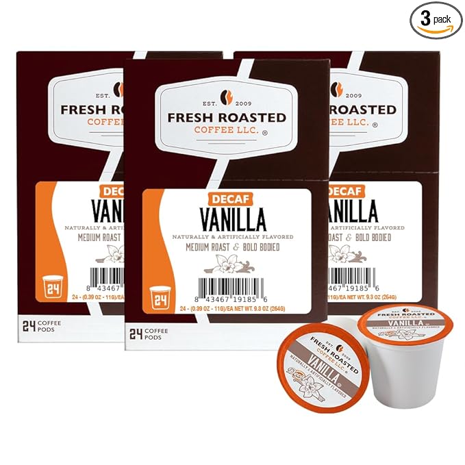 Fresh Roasted Coffee, Decaf Vanilla, Flavored Coffee Pods, 72 Count