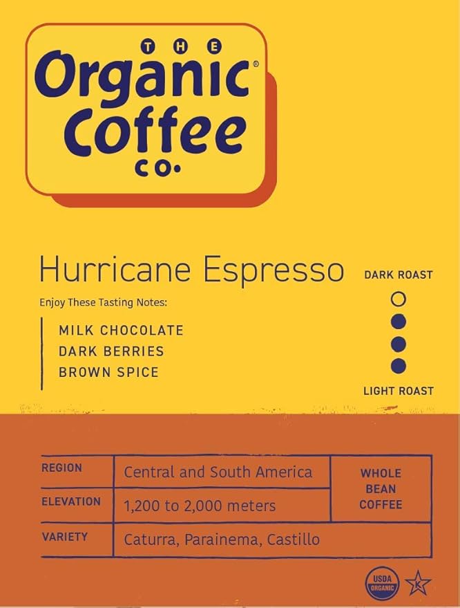 Organic-Coffee Co. Hurricane Espresso Whole Bean Coffee 2LB (32 Ounce) Medium Dark Roast Natural-Water Processed USDA Organic
