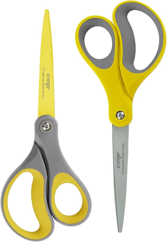 LIVINGO 8" 2 Pack Scissors, Titanium Coated Sharp Stainless Steel Non-stick Scissors All Purpose, Comfort Grip Handles Shears for Office Home Supplies Crafting DIY Cutting Tape Adhesive General Use
