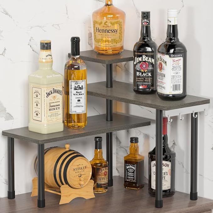 ZHWS Kitchen Countertop Organizer, Bathroom Counter Organizer, Adjustable 3 Tier Corner Shelf with 4 Metal Hooks for Counter Organize, Spice Rack, Makeups, Coffee Station Bookshelf (Rustic Grey)