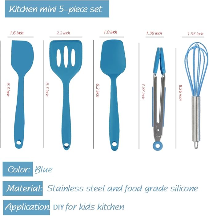 Mini Kitchen Utensil Set - Five-Piece Set, Tiny Silicone Kids Kitchen Tools - Whisk, Tongs, Spoon, Slotted Spatula - Blue