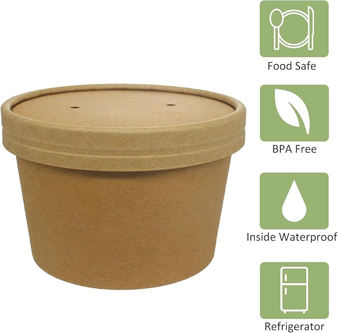 50 SET 8OZ Kraft Paper Soup Cups with Lids Compostable Paper Food Cup with Vented Lid, Disposable Ice Cream Cup, Great For Restaurants, Take Outs, or To-Go Lunch