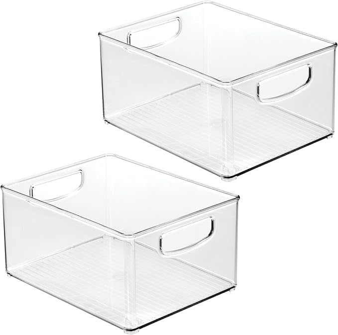 InterDesign iDesign Plastic Stackable Pantry Bin - Organizer Bin with Handles for Cabinets or Fridge - Set of 2 - Clear