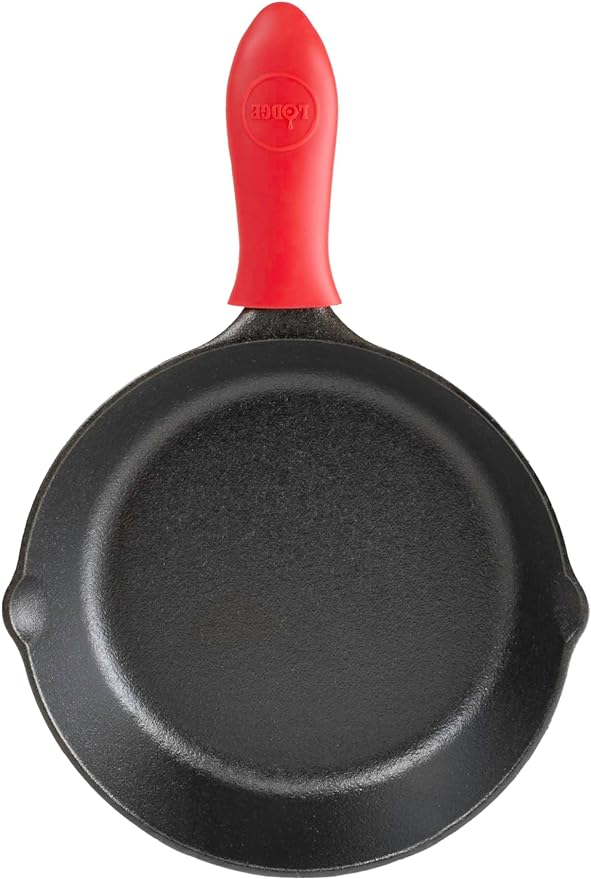 Lodge Cast Iron Skillet with Red Mini Silicone Hot Handle Holder, 8-inch