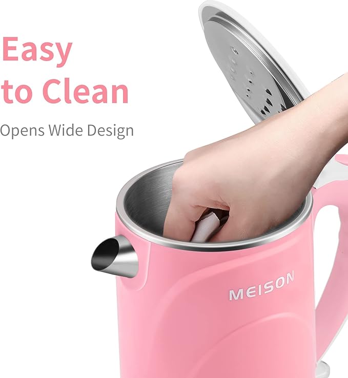 MEISON Electric Kettle, 1.7 L Double Wall Food Grade Stainless Steel Interior Water Boiler, Coffee Pot & Tea Kettle, Auto Shut-Off and Boil-Dry Protection, 1200W, 2 Year Warranty(Pink)