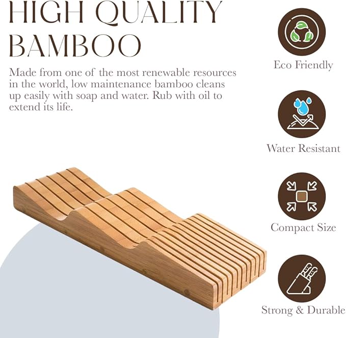 Bellemain 100% Pure Bamboo in Drawer Knife Block | 16 Knife Slots Knife Drawer Organizer | Store Knives Safely with The Blades Down | Storage Solution for Your Kitchen | Knife Organizer Drawer Insert
