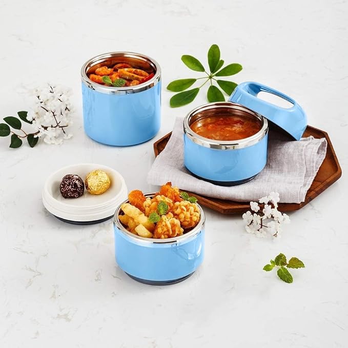 Lille Home Stackable Stainless Steel Thermal Compartment Lunch/Snack Box, 3-Tier Insulated Bento/Food Container with Lunch Bag, Utensils Set and Three Extra Seals, 43OZ (Blue)