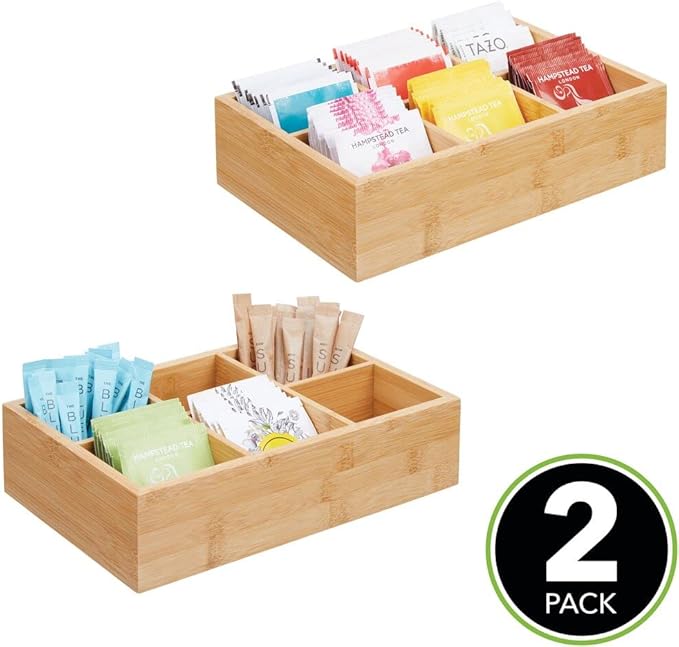 mDesign Bamboo Tea & Food Storage Organizer Container Box - Wooden Holder Case for Tea Bags, Coffee, Snacks, Sugar, Sweeteners, and Small Packets - Echo Collection - 2 Pack - Natural Wood