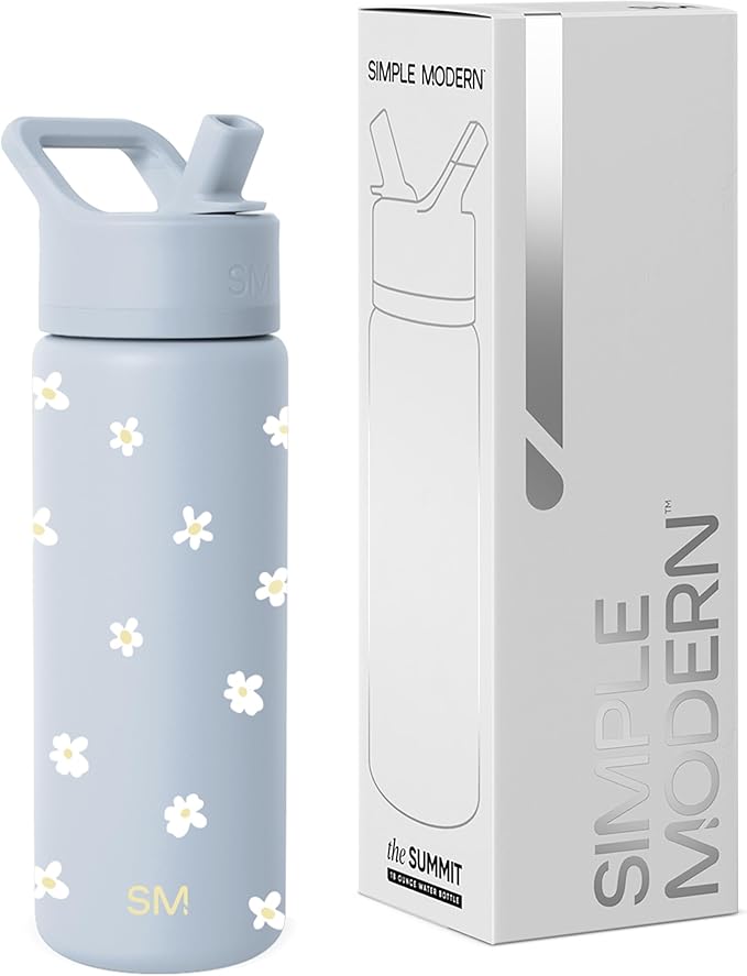 Simple Modern Kids Water Bottle with Straw Lid | Vacuum Insulated Stainless Steel Metal | Reusable Leak Proof BPA-Free Thermos for School | Summit Collection | 18oz, Sweet Daisy on Blue