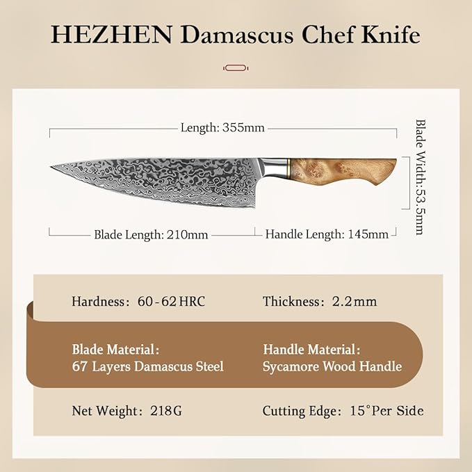HEZHEN Chef's Knife-Professional-8.3 inch Damascus Steel, Kitchen Knife VG10 Gyuto Knife-Master Series Chef Cooking Tool at Home,Restaurant-Figured Sycamore Wood Handle