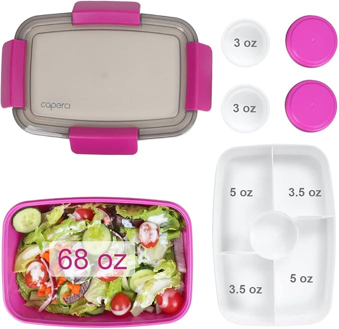 Caperci Large Salad Container Bowl for Lunch - Better Adult Bento Lunch Box 68 oz, 5-Compartment Tray, 2pcs 3-oz Sauce Cups, Stackable, BPA-Free (Purple)