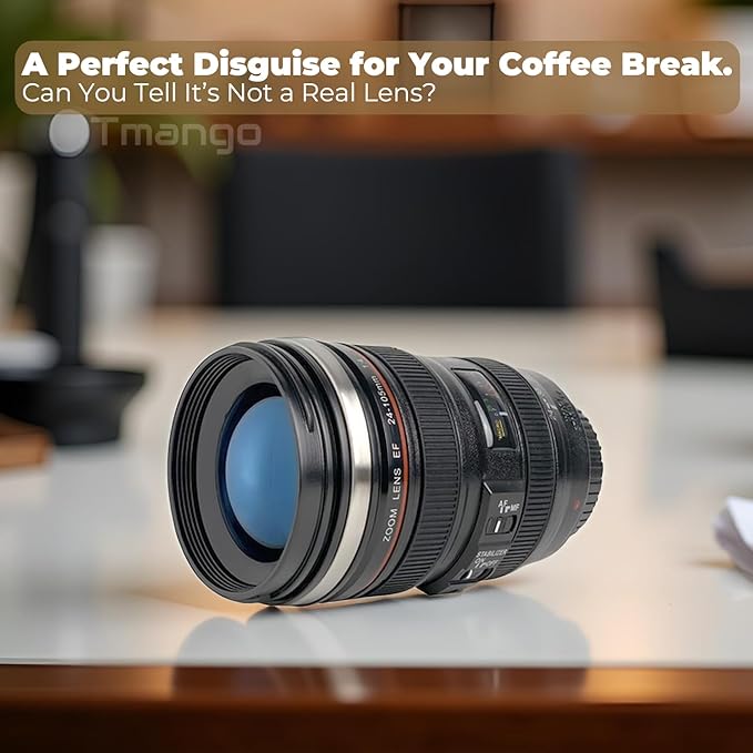 Camera Lens Coffee Mug with Clear Lid – Unique Realistic Lens Cup Replica, Gift for Photography Lovers