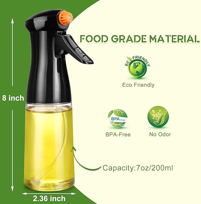 Oil Sprayer for Cooking, Upgraded Olive Sprayer Bottle, Air Fryer Accessories, Mister Vinegar Spritzer, Kitchen Gadgets for Salad, BBQ, Roasting (7oz/200ml, Black)