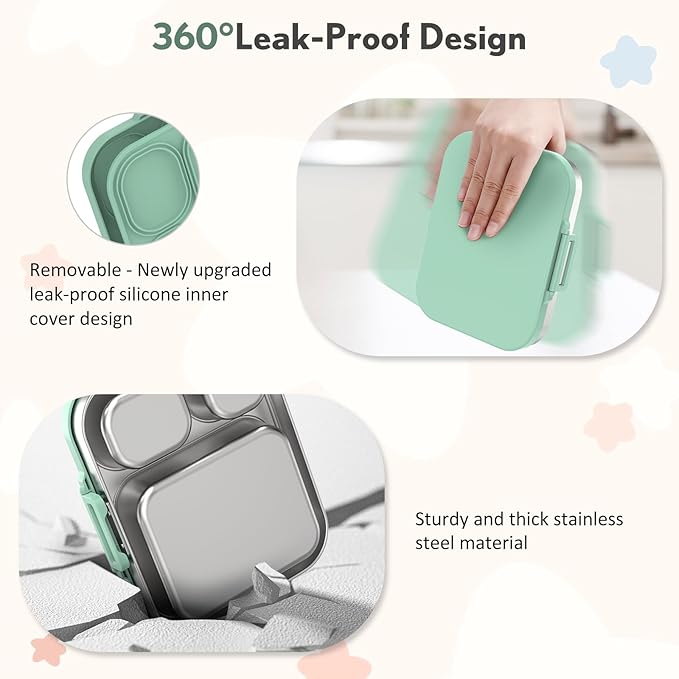 Stainless Steel Bento Box Kids, Leak Proof Metal Bento Lunch Box,3 Compartments 304 Stainless Steel Bento Lunch Containers for School and Office, BPA-Free(Green)
