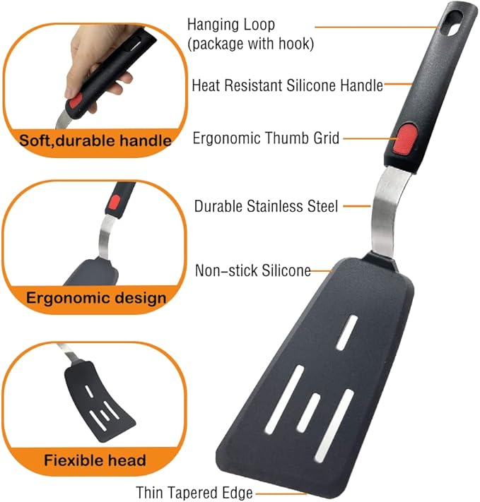 Silicone Spatula Turner Set of 2, 600°F Heat Resistant Cooking Spatulas for Nonstick Cookware, Kitchen Utensils Use Spatula Flippers Rubber Fish Spatulas Set for Egg, Cookie, Pancake, Fish, Burger