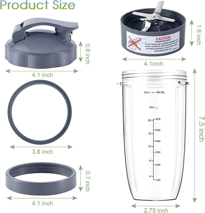 7 Pieces nutribullet Blender Cups & Blade Replacement Set 32oz Huge Cup with 1 Flip-Top To-Go Lid and 1 Lid Ring & Premium Extractor Blade with Compatible with NutriBullet 600w/900w Blender
