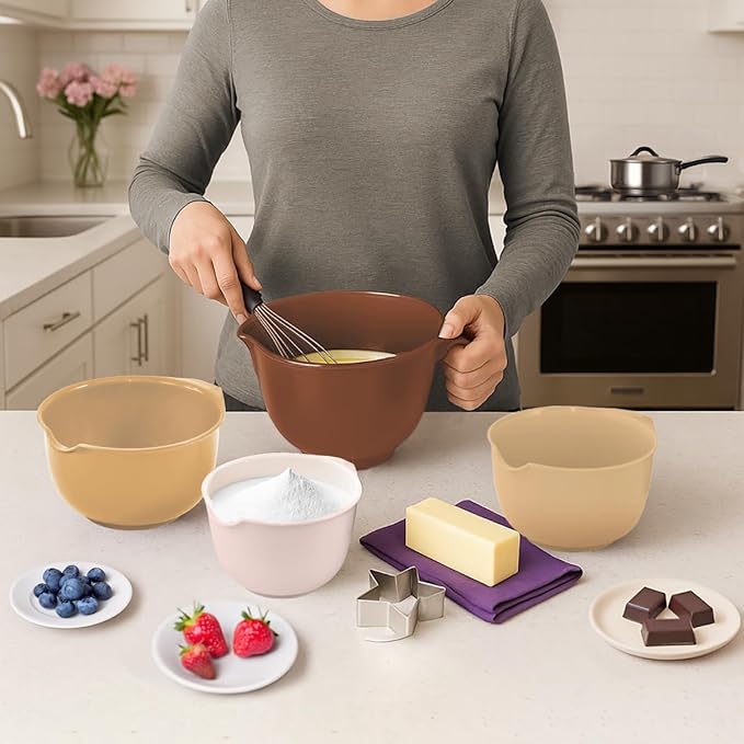Glad Mixing Bowls with Pour Spout, Set of 4 - Nesting Plastic Bowls (1.2qt, 1.9qt, 2.8qt, and 3qt with Handle) - Non Slip Base, Dishwasher Safe Kitchen Cooking and Baking Supplies, Beige
