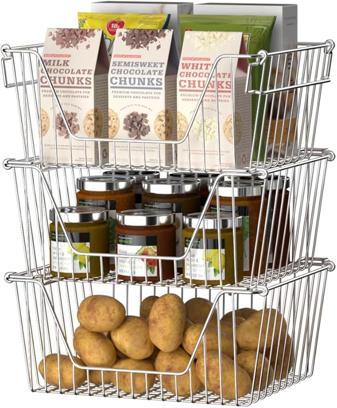 Slideep Large Stackable Storage Baskets Cabinet Organizer Sturdy Metal Wire Pantry Freezer Bin for Pantry Home Bathroom Kitchen Organization 3 Packs