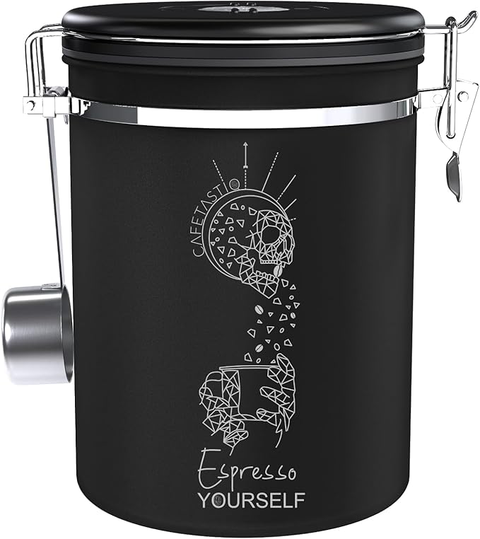 Coffee Canister – Airtight Stainless Steel Storage Container with Date Tracker & Scoop, Sealed Jar for Grounds, Beans, Tea, Flour, Cereal, and Sugar (Black Esspresso, 22OZ)