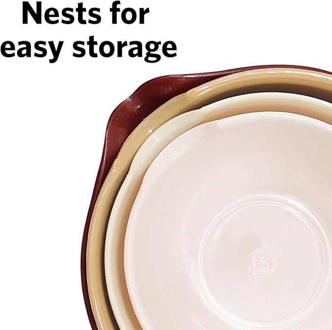 Glad Mixing Bowls with Pour Spout, Set of 4 - Nesting Plastic Bowls (1.2qt, 1.9qt, 2.8qt, and 3qt with Handle) - Non Slip Base, Dishwasher Safe Kitchen Cooking and Baking Supplies, Beige