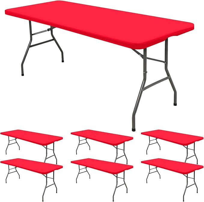 6 Pack Stretch Fabric Table Top Cap Cover, fits 6' Tables, Spandex Table Covers Washable Elastic Universal Rectangle Tablecloth Protector for Indoor Outdoor Party Picnic Wedding, Red, 30" W x 72" L