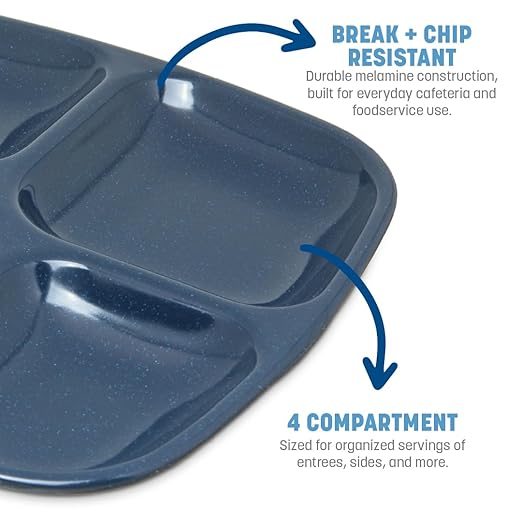 Carlisle FoodService Products Essential Food Tray, 4-Compartment Plastic Cafeteria Tray for Schools, Dining Halls, and Restaurants, Melamine, 10.5 x 9.5 Inches, Cafe Blue, (Pack of 36)