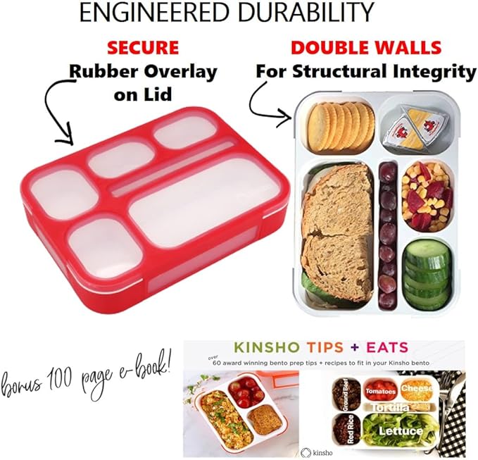 kinsho Bento Box Kids Lunch-Box, Snack Containers for Toddler Daycare, Leakproof School Bentobox 6 Compartment Container for Boys Girls Adults Lunches, Utensils, Red