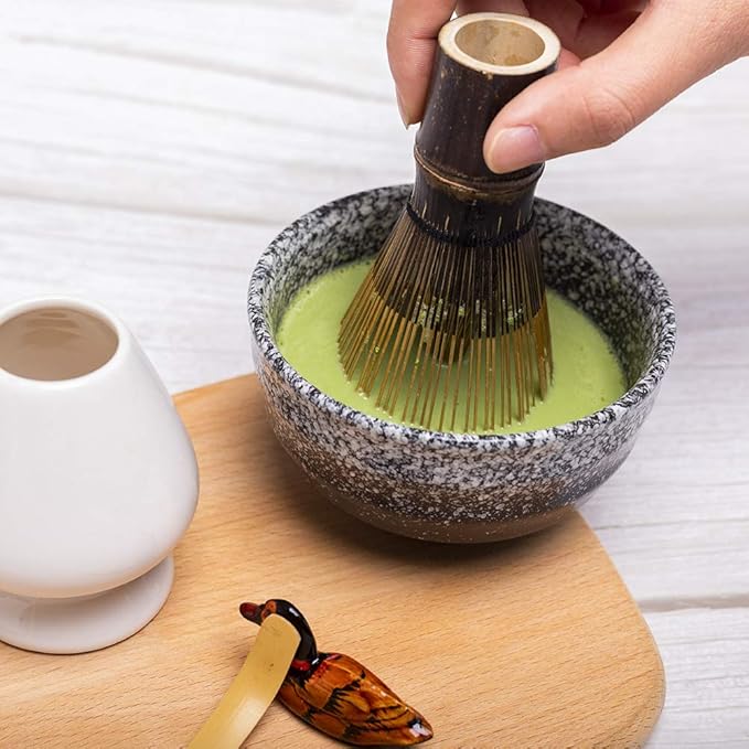 Bamboo Matcha Tea Whisk Set (Chasen) Matcha Bowl (Chawan) Bamboo Scoop (Chashaku) Ceramic Whisk Holder Handmade Matcha Ceremony Starter Kit For Traditional Japanese Tea Ceremony (7 Pcs).