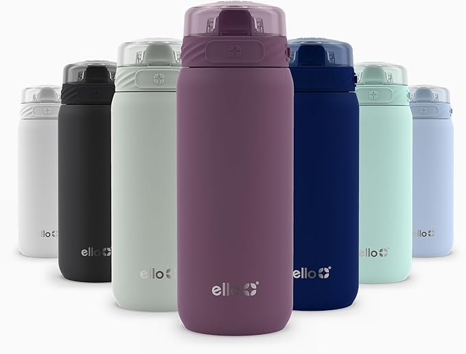 Ello Cooper 18oz Kids Stainless Steel Water Bottle Vacuum Insulated with Straw and Carry Handle, Leak Proof Locking Lid with Soft Silicone Spout, Fits Car Cupholder, Dishwasher Safe, Figgy Pudding