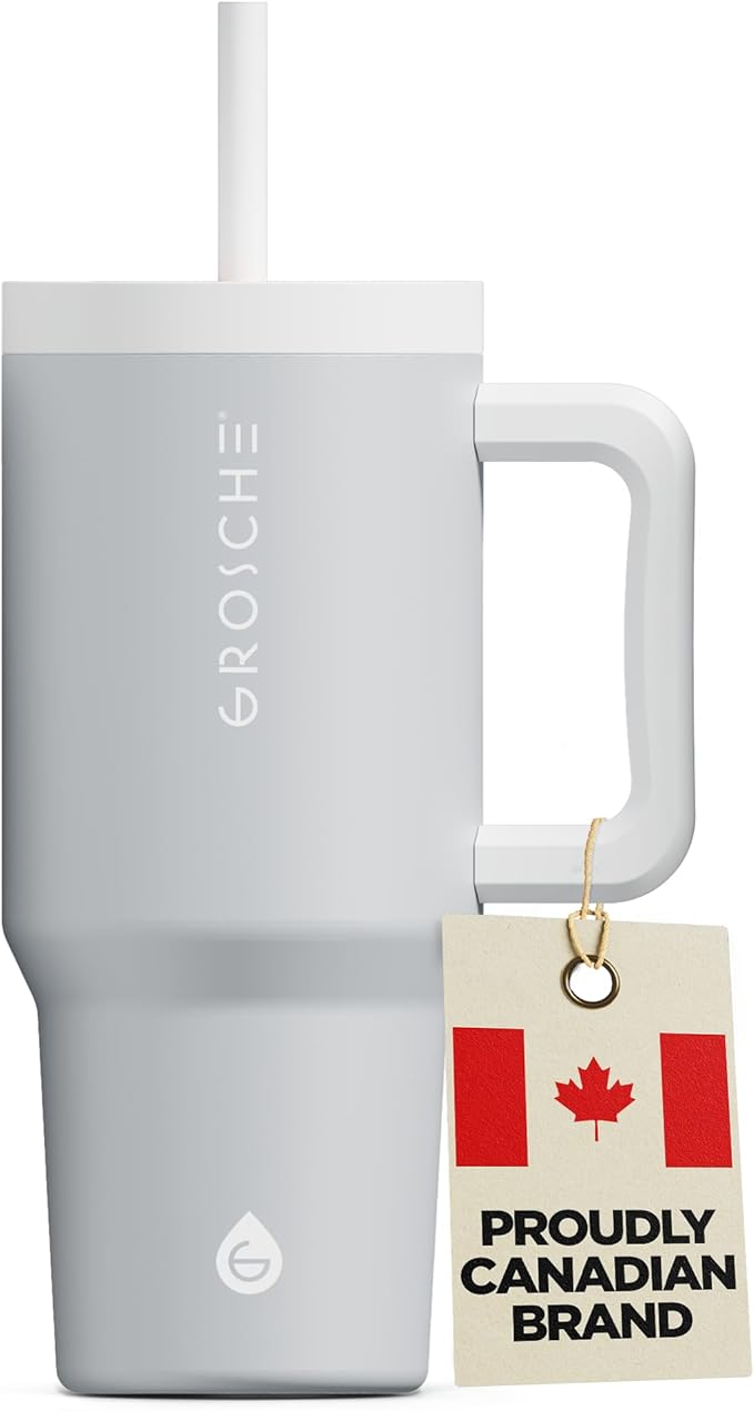 GROSCHE ASPEN 32 oz Tumbler with Handle and Straw. Extreme Insulation, Classy Design, Built to Last Insulated Stainless Steel Tumbler with Handle, Lid and Straw - Lunar Grey