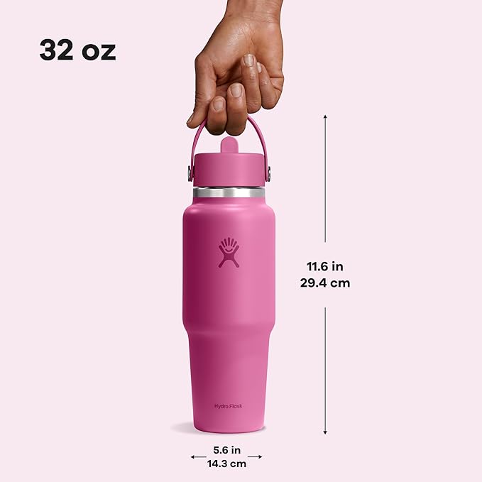 Hydro Flask Travel Water Bottle - Insulated Stainless Steel - Wide Straw Lid, Non Spill, Leakproof in 32 Oz Reef Pink