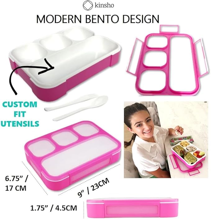 kinsho Bento Lunch Box Kids & Adults. Meal and Snack Containers for Boys, Girls for School Work Travel, 4 Sealed Divided Compartments, BPA Free, Utensils (Rose Pink, 1 Pack)