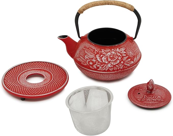 Juvale Japanese Cast Iron Teapot with Infuser - Red, 27 oz (800 ml), 3-Pc Teapot Set - Stovetop Kettle for Loose Leaf Brewing - Removable Stainless Steel Infuser & Trivet Included