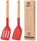 Pack of 2 Silicone Cooking Spatula, Heat Resistant Solid Turner, Non Stick Slotted Spatulas with Wooden Handle,Ideal Wood Kitchen Utensils Set for Frying, Baking, Flipping, Turning (RED)