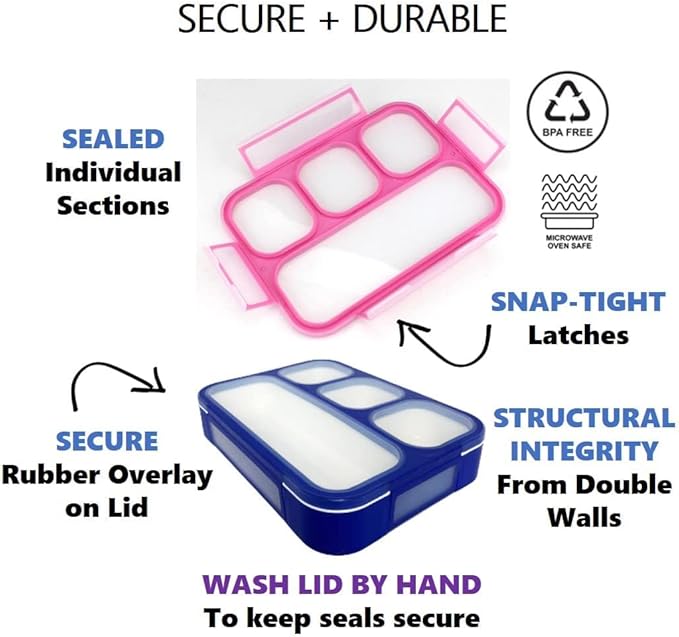Bento Lunch-Box for Kids and Adults: Lunch Boxes with 4 Sealed Compartments, Divided Containers for Boys Girls Women Men - School Work Portion Container, Utensils, Blue + Rose Pink 2 pack Set