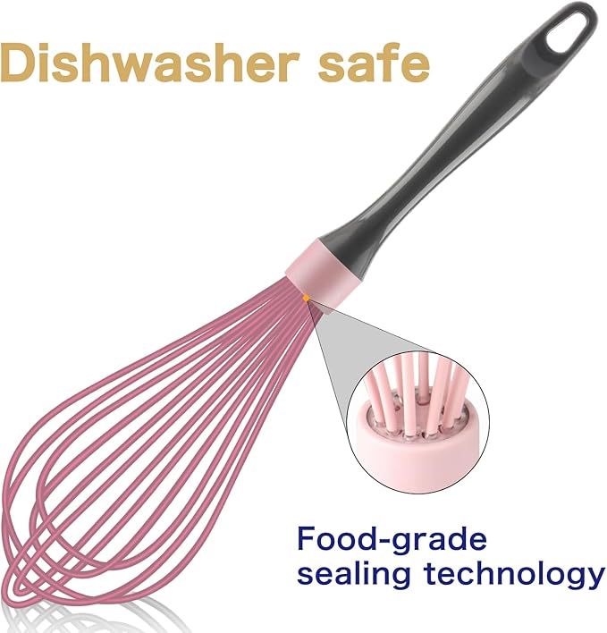 Pink whisk, Dishwasher Safe Wisk, Professional Whisks For Cooking Non-Scratch, Stainless Steel & Silicone Wisk, Plastic Rubber Whisk Tool For Nonstick Cookware Pans, Heat Resistant Whisk 12-Inch