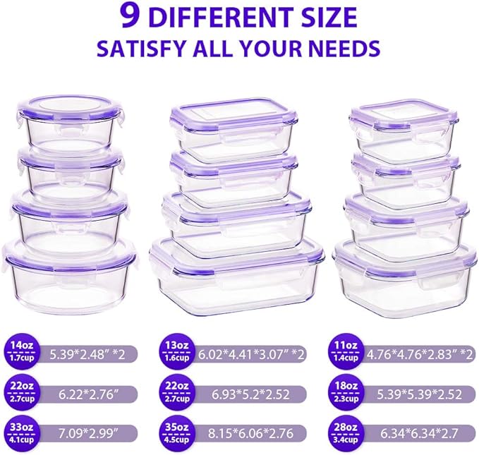 Bayco Glass Food Storage Containers with Lids, [24 Piece] Meal Prep Containers, Airtight Bento Boxes, Leak Proof (12 lids & 12 Containers) - Purple