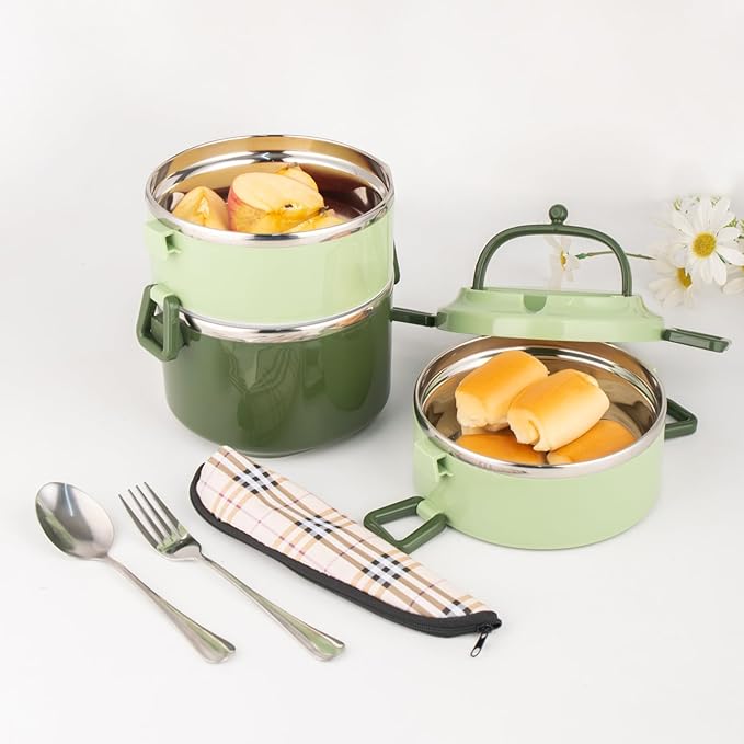 SANQIAHOME 3 Tier Stackable Stainless Steel Lunch Box Sealed(green, 3 layers) with spoon and fork