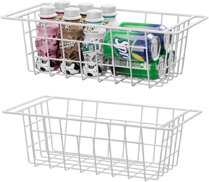 Slideep 17.5'' Large Storage Baskets Chest Freezer Organizer, Sturdy Metal Wire Pantry Freezer Bin for Home Kitchen Organization 2 Packs, White