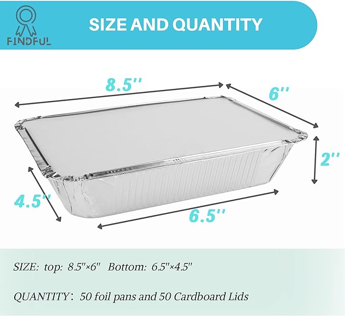 Aluminum Pans with Lids (50-Pack, 8.5"×6") 2.25 LB Capacity Foil Food Containers with Lids - 50 Pans and 50 Cardboard Covers - Disposable Tin Foil Pans - for Baking, Meal Prep and Freezer, Takeout
