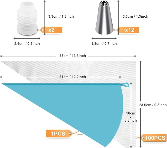 Tamodan Piping Bags and Tips, Cake Piping Bags and Tips Suitable for Beginners Included 100PCS 16 Inch Disposable Piping Bags with 12 Piping Tips Set, 2 Coupler and 1 Reusable Pastry Bags