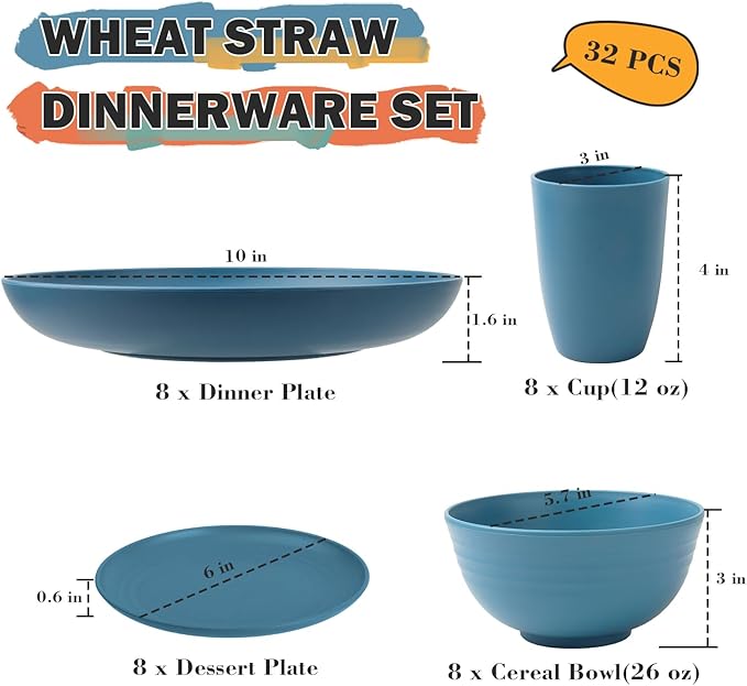 Wheat Straw Dinnerware Sets, 32 PCS Dishes Set for 8, Unbreakable Lightweight Reusable Plates and Bowls Sets for Kitchen Outdoors RV Camping Patio, Dishwasher & Microwave Safe - Blue