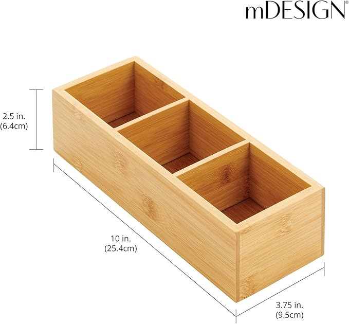 mDesign Bamboo Wood Slim Food Storage Organizer Box, 3 Section, Divided Compartment Bin; Container for Kitchen, Pantry; Holder for Spices, Snacks, Tea, Coffee - Echo Collection - 2 Pack -Natural