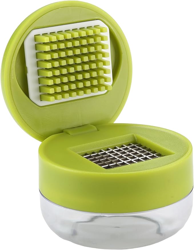 2PCS Garlic Presses, Garlic Chopper, Stainless Steel Blades Cutter, Crusher, Mincer, and Storage Container - Includes 2PCS mini Brushes - Suitable for both Home and Camping – (Green)