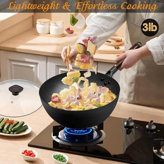 Frying Pan with Lid Skillet Nonstick 10 inch Carbon Steel Wok Pan Woks and Stir Fry Pans for Electric,Induction and Gas Stoves