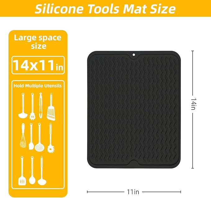 Blackstone Griddle Accessories Silicone Grill Side Shelf Tool Mat, Outdoor BBQ Spatula Mat, with Drip Pad Kitchen Countertop Heat Resistant Mat (Black)