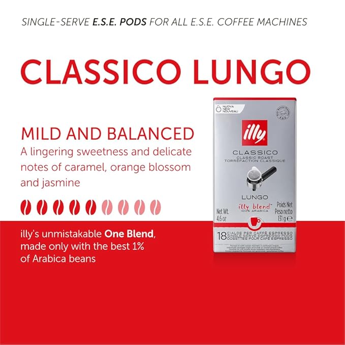 illy E.S.E. Single-Serve Espresso Paper Pods - Classico Lungo Roast, Notes Of Caramel, Orange Blossom & Jasmine - For ESE Coffee Machines – 18 Count, 12 Pack
