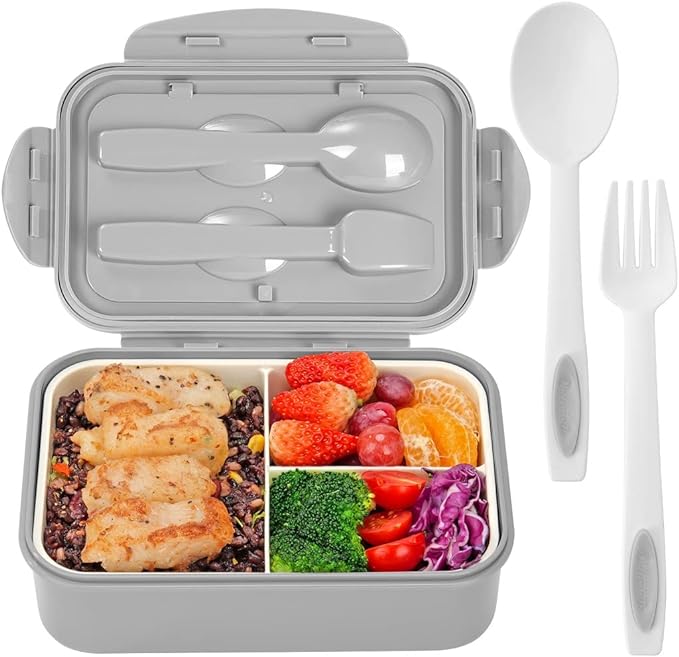 LOVINA Bento Boxes for Adults - 1100 ML Bento Lunch Box Container For Kids With Spoon & Fork - Durable Perfect Size for On-the-Go Meal, BPA-Free and Food-Safe Materials(Grey)